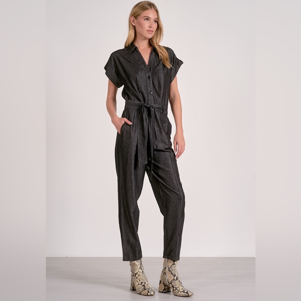 Elan Black Button-Front Short-Sleeve Jumpsuit
